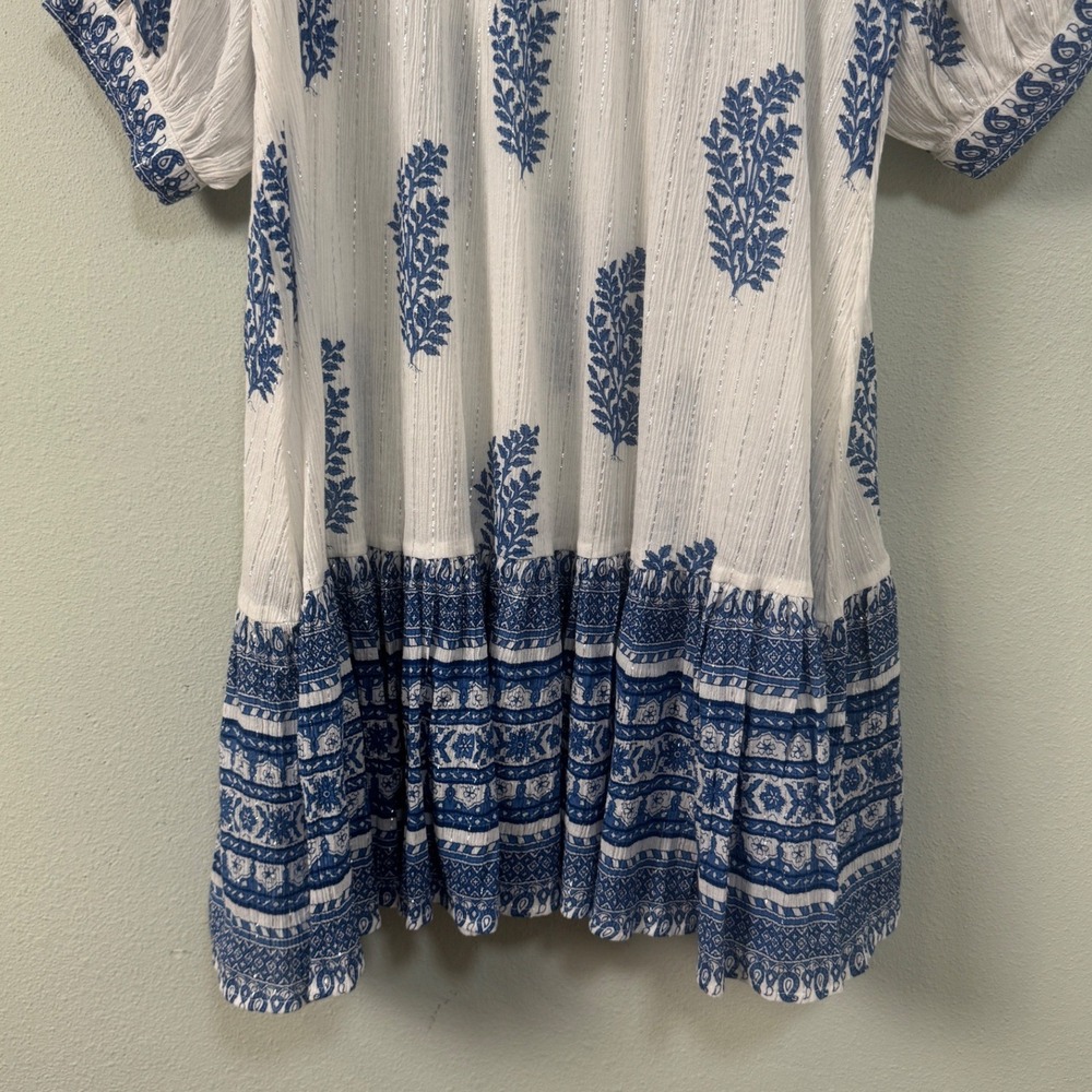Daughters of India Mishka‎ Dress Blue White Boho Metallic Lurex Mini Size L NEW - Picture 8 of 12